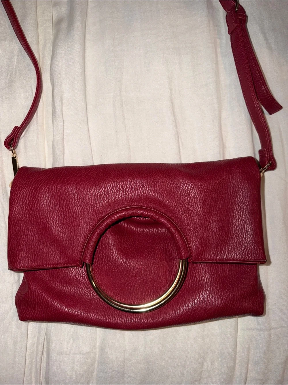 Sondra Roberts 2in1 Red Leather Crossbody with Gold Ring Accent